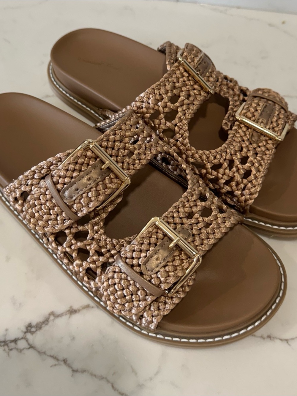 Universal Thread Braided Double-Buckle Slides - Brown with Gold Buckles
